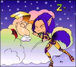 Rayman and Ly sleeping in clouds